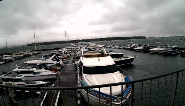 A marina with several boats docked along wooden piers extends into a cloudy, overcast sky. The boats vary in size and style, with a large white yacht prominently positioned at the front, facing the viewer. The water appears slightly choppy, and there is a landmass with trees in the background.