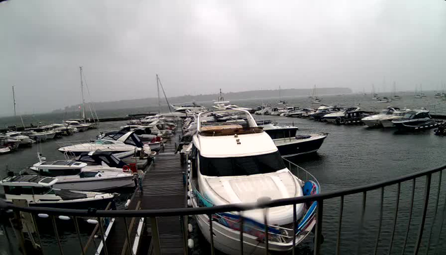 A marina filled with numerous white and dark-colored yachts and boats docked along wooden piers. The water appears calm, and the sky is overcast with gray clouds, creating a moody atmosphere. In the background, there is a faint outline of land across the water.