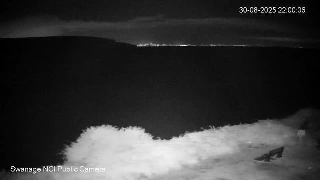 A black and white image from a webcam shows a nighttime landscape. The foreground features a patch of illuminated ground, possibly snow or ice, near the bottom of the frame. Behind it, a dark, hilly or mountainous area stretches across the middle of the image. In the background, there is a distant horizon with faint lights, indicating a populated area or distant city. The sky above is mostly dark with some clouds. The timestamp in the top right corner reads "30-08-2025 22:00:06," and the bottom left corner indicates the camera as "Swanage NCI Public Camera."