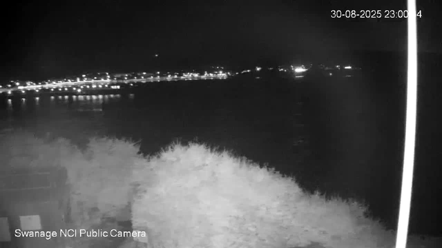 A black-and-white nighttime image showing a river with a faint reflection of city lights on its surface. In the foreground, there is the back of a boat. The background features a distant shoreline with scattered bright lights, and the sky is dark with a small, faint light or star visible. The camera timestamp indicates the date and time as August 30, 2025, at 11:00 PM. The bottom left corner has a label that reads "Swanage NCI Public Camera."