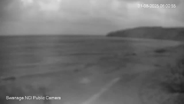 A black-and-white image from a webcam showing a coastal scene with a body of water extending to the horizon. There is a shoreline in the foreground and a distant landmass or island on the right side of the horizon. The sky appears cloudy. The timestamp in the top right corner indicates the date and time as August 31, 2025, at 6:00:55 AM. The bottom left corner has the text "Swanage NCI Public Camera."