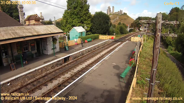 A small train station platform with a stone building on the left, featuring a pitched roof and a chimney. Several people are waiting, some reading signs. Green benches and flowerpots with pink flowers line the platform. A teal-colored shed is at the end of the platform. To the right, train tracks run into the distance, bordered by a yellow safety fence, with lush green trees and a hillside with ruins or castle remains in the background. A wooden utility pole with attached wires stands on the right side of the platform. The sky is partly cloudy with patches of blue.