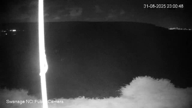 A black-and-white nighttime image showing an open landscape with a large hill or mountain in the background. There is some water or a reflective surface in the foreground, and a bright vertical line on the left side of the image. The top right corner displays the date and time as "31-08-2025 23:00:48."