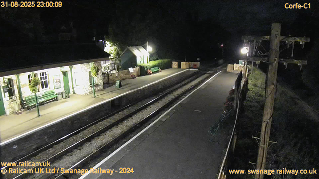 A small train station platform at night, illuminated by a few lights. To the left, there is a light-colored building with green benches outside, hanging flower baskets, and a small tree. A sign on the platform says "Way Out." The train tracks run between the platform and a dark area with trees in the background. There are some barriers and fencing near the far end of the platform. A utility pole with wires is on the right side of the image. The timestamp at the top indicates the date and time as 31-08-2025 at 23:00:09.