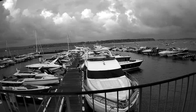 A black-and-white photo of a marina with numerous boats and yachts docked along piers. The water appears calm with a backdrop of distant land under a cloudy sky. A curved railing is visible in the foreground.