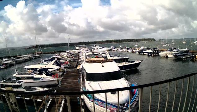A marina filled with numerous white and dark-colored yachts and sailboats docked along wooden piers, with a cloudy sky overhead and a distant view of a landmass covered in trees and low hills across the water.