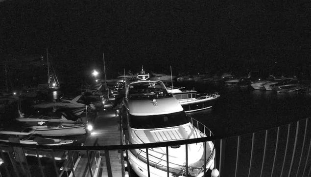 A nighttime view of a marina showing several boats docked, with some illuminated by nearby lights. In the foreground, there is a large yacht with a sleek design, and a metal railing runs along the bottom edge of the image. The background is dark, with faint outlines of other boats and masts visible against the night sky.