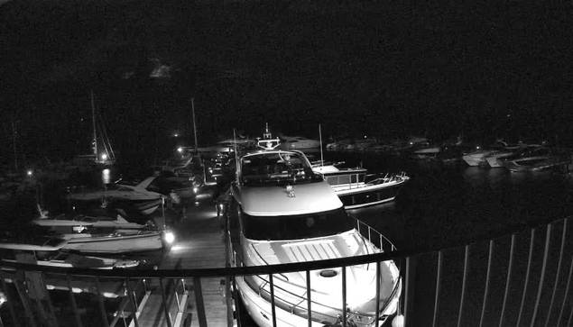 A marina at night with several boats docked. The boats are illuminated softly, and the dark sky is visible above the water. A railing is in the foreground, overlooking the boats.