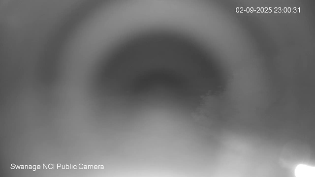 A grayscale, blurry close-up image from a webcam, showing indistinct shapes and textures. The image includes a timestamp in the upper right corner reading "02-09-2025 23:00:31" and a label in the bottom left corner that says "Swanage NCI Public Camera."