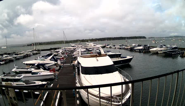 A busy marina filled with numerous boats and yachts docked along wooden piers. The water is calm and stretches out to a distant shoreline with more boats and a cloudy sky overhead. The railing of the dock is visible in the foreground.