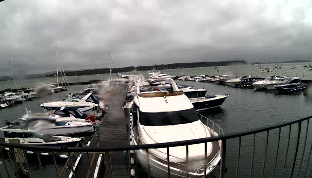 A marina filled with numerous motorboats and yachts docked along wooden piers on a cloudy day. Several boats are moored close together, and a railing is visible in the foreground. The water appears calm, and in the distance, there is a stretch of land or shoreline under a low-hanging, overcast sky.