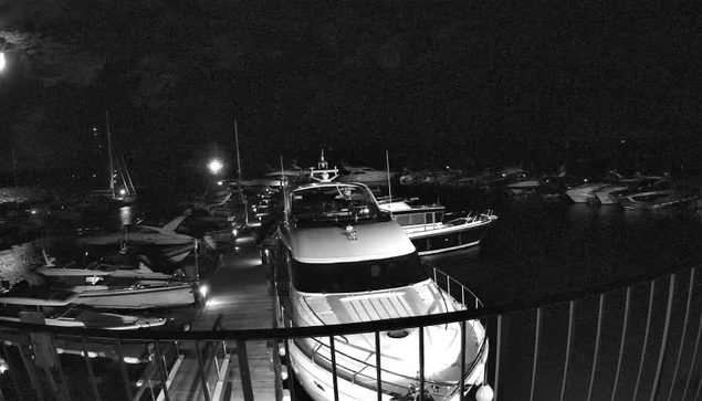 A view of a marina at night with several boats docked. The boats are illuminated by nearby lights, and the scene is captured from an elevated perspective behind a railing.