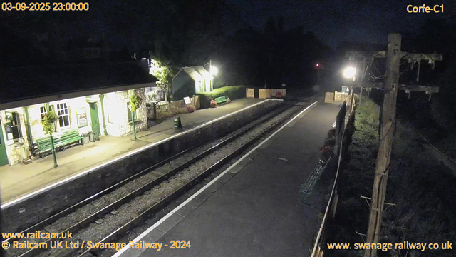 A quiet railway station at night with a platform illuminated by a few lights. There are two green benches and hanging flower baskets along the building. A small shelter with a green roof is visible in the distance. The railway tracks run alongside the platform, with some yellow safety barriers at the far end. To the right, a wooden utility pole with electrical wires and equipment is present, casting shadows on the ground. The scene appears calm and empty with no people or trains in sight.
