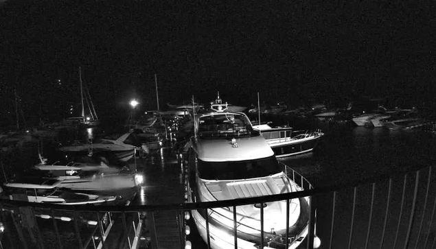 A black and white image of a marina at night, showing several boats docked at the pier. The boats vary in size and shape, with some having tall masts and others with enclosed cabins. The water appears calm, reflecting some of the boats and lights from the surroundings. In the foreground, part of a railing is visible, indicating the photo was taken from an elevated position. The background is dark, with faint lights in the distance.