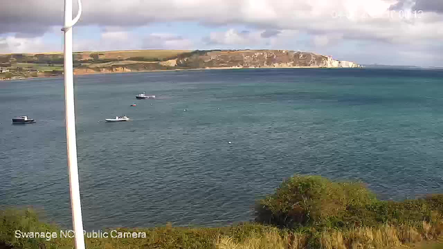 A view of a calm sea with several boats floating on the water. In the background, there are white chalk cliffs and a hillside with patches of grass and fields. The sky is partly cloudy with some sunlight shining through. In the foreground, there are green bushes and grass. A white pole is visible on the left side of the image.